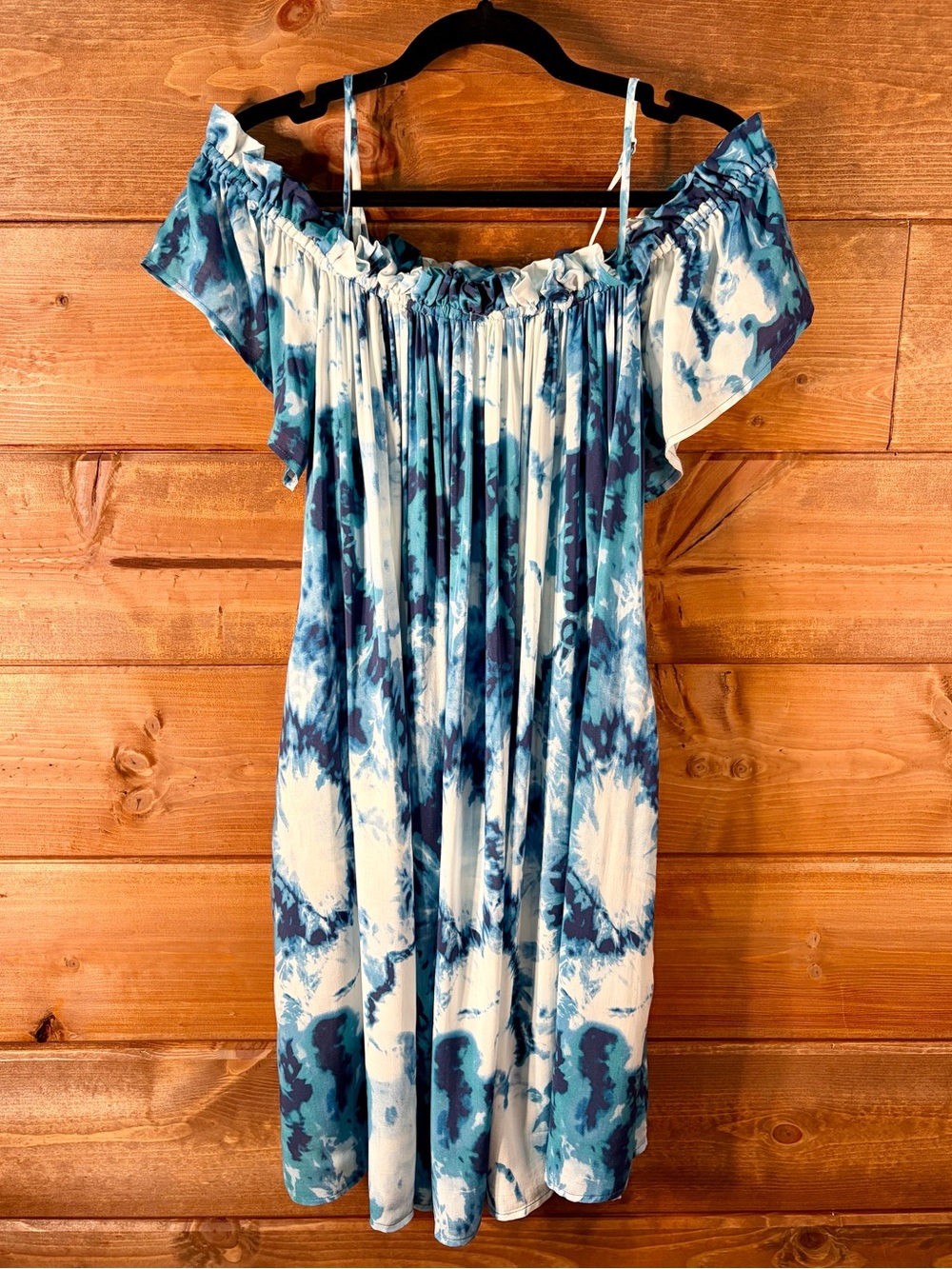 Blue Tie-Dye Off-Shoulder Mini Dress - Lightweight Summer Style With Pockets
